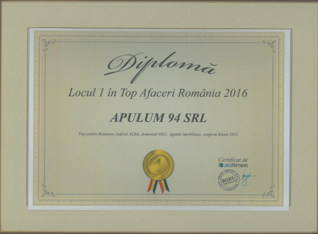 Diploma - Top Afaceri Romania – judetul Alba - 2016